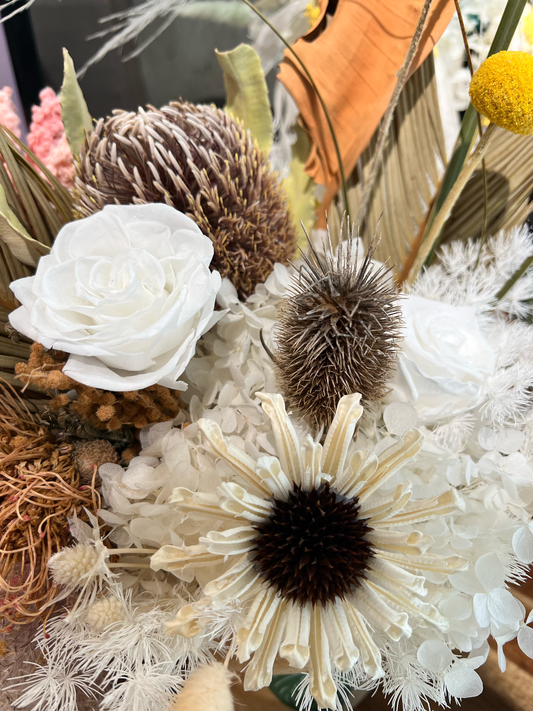 Australian native dried flowers with preserved white roses and preserved white hydrangeas, showcasing premium everlasting floral materials.