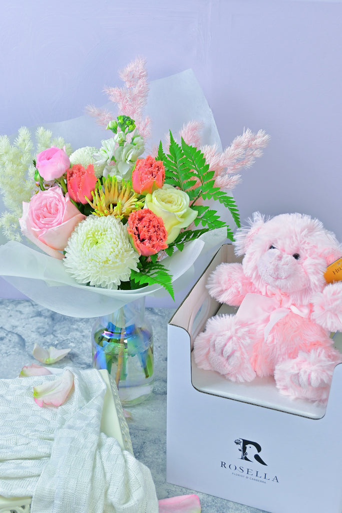 baby girl gift pack by rosella florist Canberra