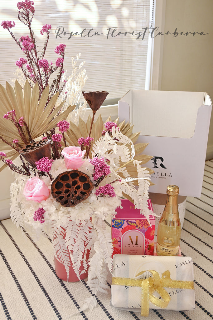 preserved flowers gift hamper by rosella florist canberra