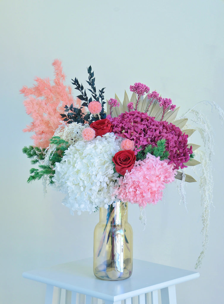 preserved hydrangea arrangement by rosella florist canberra