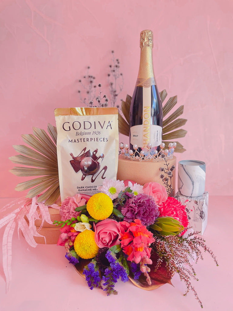 FRESH FLOWER BOUQUET, WINE, CHOCOLATE AND CANDLE GIFT HAMPER